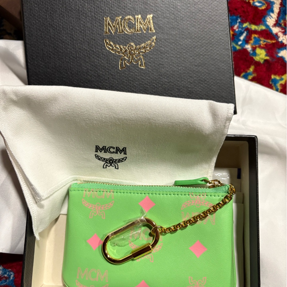 MCM Green and Pink Pouch with Gold Chain